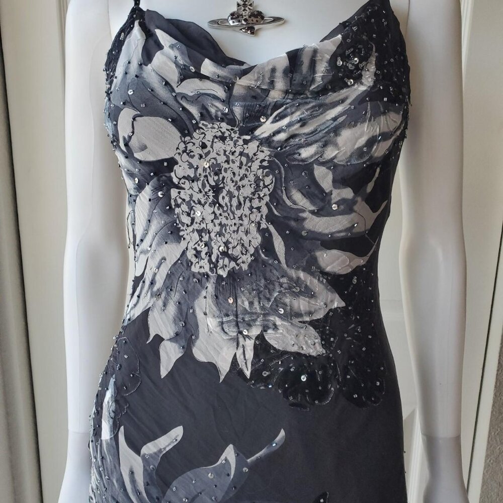 Cache Silk Blend Sleeveless Midi Beaded Dress Asymmetrical Hem - Picture 8 of 10